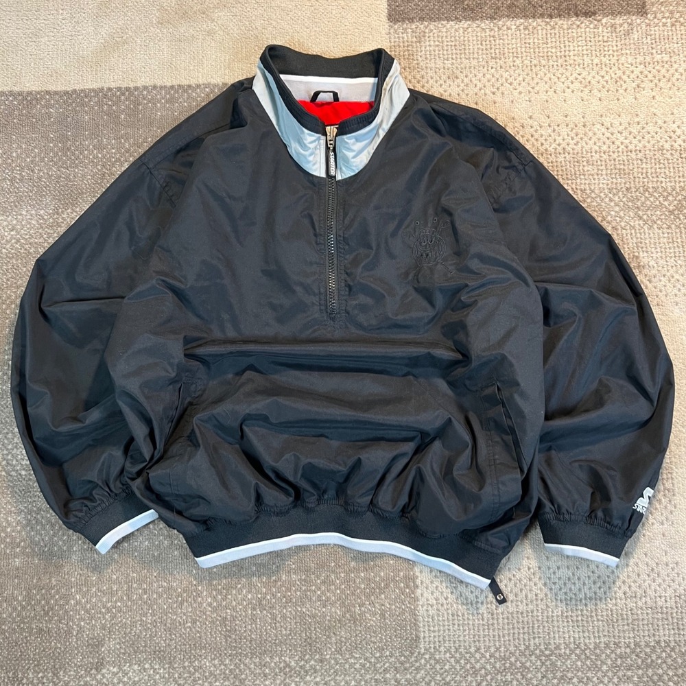 Vintage Starter Men XL Quarter Zip Windbreaker Jacket Black M&M Golf Embroidered